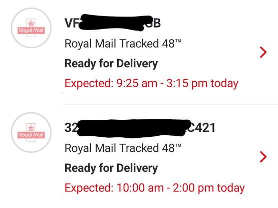 Screenshot of Royal Mail tracking app showing two entries with different expected delivery times.