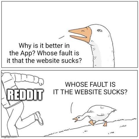 The goose chasing meme with the good asking in the first panel:
"Why is it better in the App? Whose fault is it that the website sucks?"
Then in the second panel the goose is chasing a person labelled 'Reddit' shouting "Whose fault is it the website sucks?"