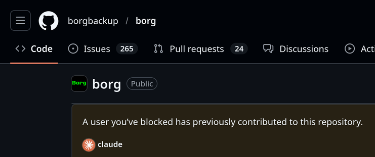 GitHub screenshot from the borgbackup/borg repository: "A user you've blocked has previously contributed to this repository: claude"