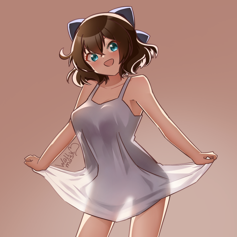 Anime style art of a girl lifting her white dress slightly, as a light behind her shines on her and shows a blurry silhouette of her hips through the dress. The girl is my original character Minami, a girl with short brown hair, blue eyes and a blue hair bow.