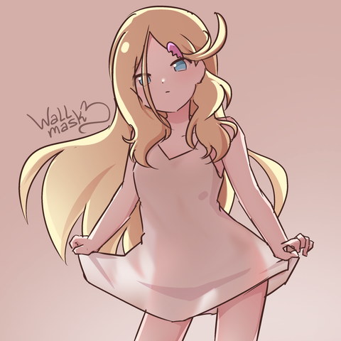 Anime style art of a girl slightly lifting her white dress, showing a blurry silhouette of her hips through lights coming from behind. The expressionless girl is my original character Kiri, she has long blonde hair and blue eyes, wears a hairpin shaped like the half of a broken pink heart and a simple white dress.