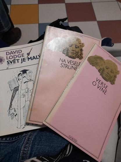 Knížky z knihopoličky - 2x antická knihovna - Na veselé struně a Verše o víně a kniha David Lodge Svět je malý.