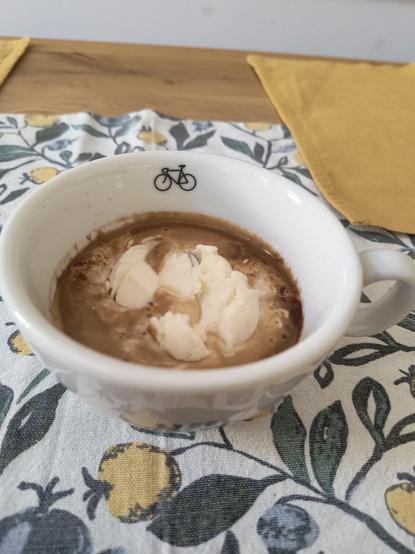 Ein Affogato (Espresso + Vanilleeis) in einer Cappuccino Tasse. Auf der Tasse ist ein Fahrrad abgebildet