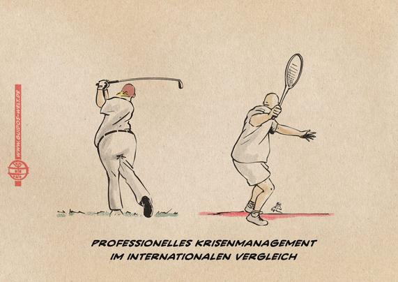 Cartoon von Guido Kühn, der Trump beim Golfen und Kai Wegener beim Tennisspielen zeigt. Titel: Krisenmanagementlimboisten