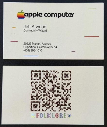 faux early Apple Computer business card (circa 1984) for "Jeff Atwood" as "Community Wizard" and linking back to https://folklore.org/Software_Wizard.html
