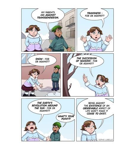 comic strip. Stephie and Frank are walking on the sidewalk. Frank says: my parents are against transgenderism. Stephie replies: transness. for or against? snow: for or against? the succession of seasons: for or against? the earth's revolution around the sun : for or against? Frank yells : what's your point?! she replies : being against the existence of an observable aspect of life won't make it cease to exist.