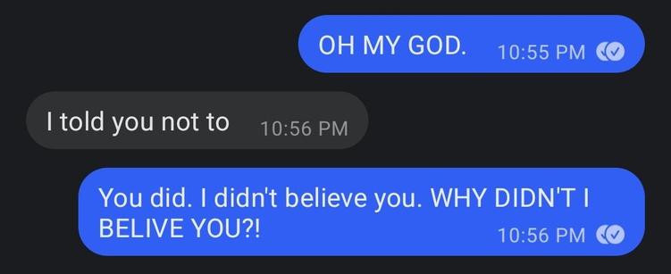 Screenshot of a chat exchange.

A: OH MY GOD.
B: I told you not to.
A: You did. I didn't believe you. WHY DIDN'T I BELIEVE YOU?!