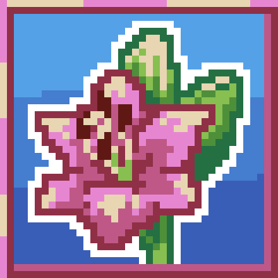 A pixel art of a pink lily on a blue background