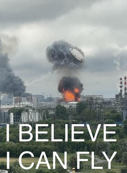 Reservoir tank cap flying over the Moscow refinery subtitled : "I believe I can fly".