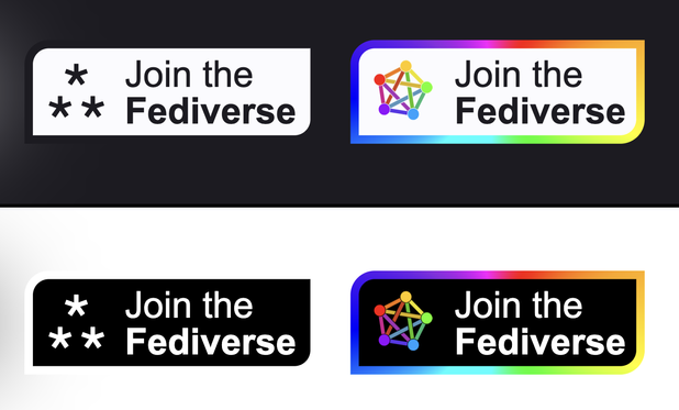 4 versions of "join the fediverse" website badges featuring the asterism symbol and the rainbow pentagram