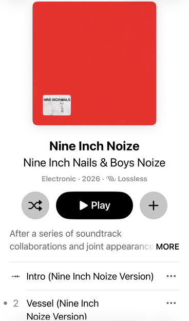 Screenshot of Nine Inch Nails 2026 album called Nine Inch Noize