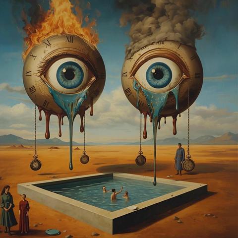 Dali-esque cover art of friends of hannes' ep "zustand zwei."  two disembodied eyes, one flaming, one smoking;  both with clock-like numerical markings,  dripping blue goo over a swimming pool with 2 pocket watches hanging down  from each