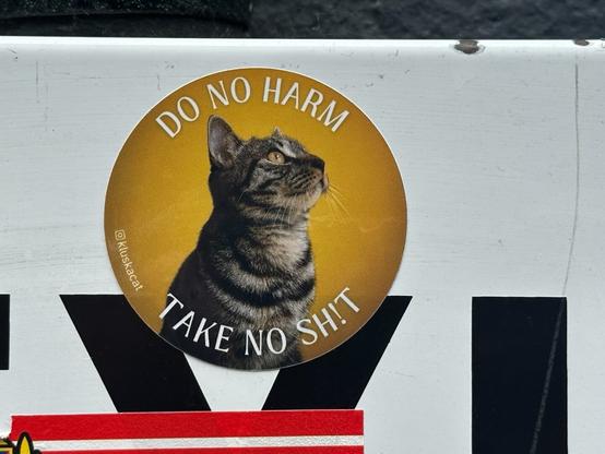 a circular sticker, affixed to a sign. On it is a photograph of a tabby cat, with the caption “DO NO HARM, TAKE NO SHIT”