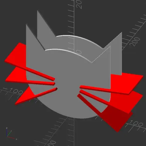 Rendering in 3d modeling software of a napkin holder based on a stylized cat face. Two plates in the shape of cat heads--ellipse with ears--form the front and back surfaces. The "whiskers" are plates at a right angle to the faces, extending out like fins, and attaching the faces together.