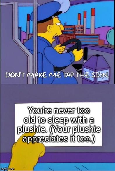 A bus driver saying "Don't make me tap the sign"

And then he taps it.

The sign reads: "You're never too old to sleep with a plushie. (Your plushie appreciates it too.)"
