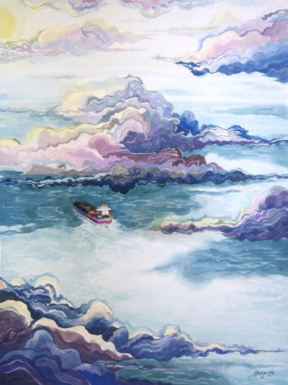 A painting of mine made in gouache. It is called "Flight Basel-Dublin III". It shows an aerial view of the sea, the Horizon at 2/3 of the page, the sun is in the left top corner. You look through the clouds and see the sea, where the clouds throw there shadow to made a patchwork of contrasting dark and bright blue patched. Roughly in the middle is a containership. It is in the middle between light and shadow. Consequently, one part is very colourful, the other is shrouded in shadow. The main colours are blue, petroleum blue, turquoise, ultra Marin blue, purples, pinks, and yellows.