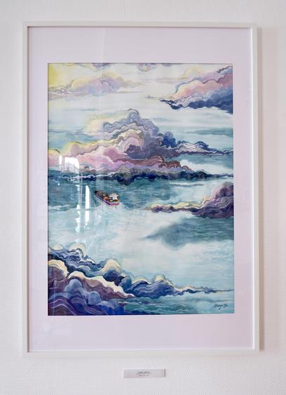 The painting "Flight Basel-Dublin III" framed in a white frame at my exhibition Horizons. For the description of the painting, see previous photo.