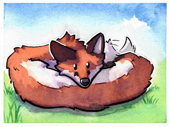 A watercolor painting of a tiny fox-worm laying in grass, wagging their tail.