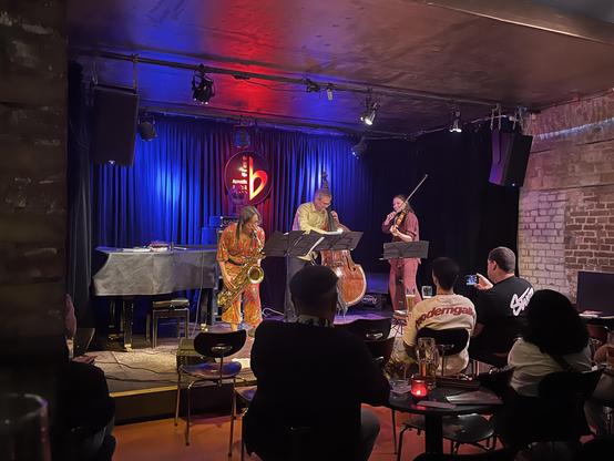 A jazz trio with double bass, violin, baritone sax, on the stage of a small cellar jazz club