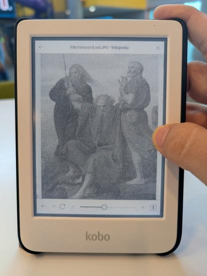 Painting of Moses, Aaron, and Hur from Wikipedia, rendered in dithered monochrome while I have my finger held down (fast-refresh scrolling mode)