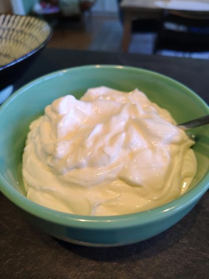 Plain yogurt in a green bowl