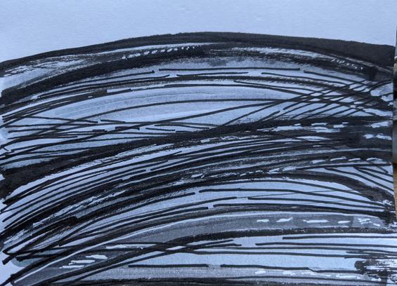 black grey and white pen lines, gentle horizontal curves,overlapping and layered, some shorter dots and dashes in lines.