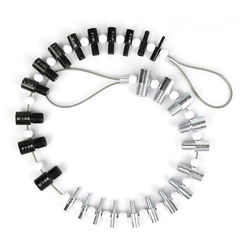 Bolt thread measuring kit, comprised of a bunch of different size bolt and socket stubs spread along a looped steel cable