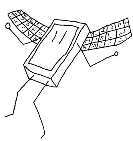 anthropomorphic cellphone with keyboards for wings
(modeled after the Nokia N900)