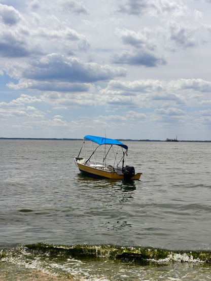A boat anchored just off shore