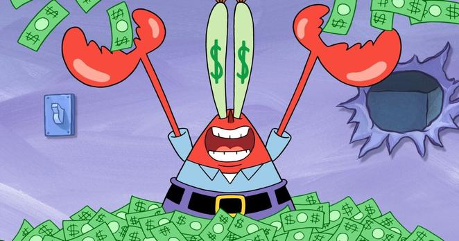 Pan Krabs ze seriálu Spongebob přehrabuje prašule všude okolo