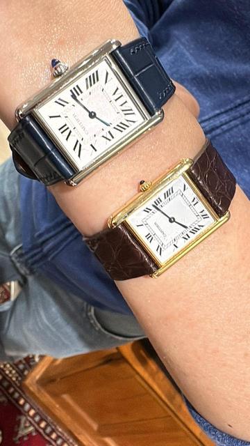 Cartier Tank in stainless steel and Cartier Tank Louis in solid gold on the same arm.