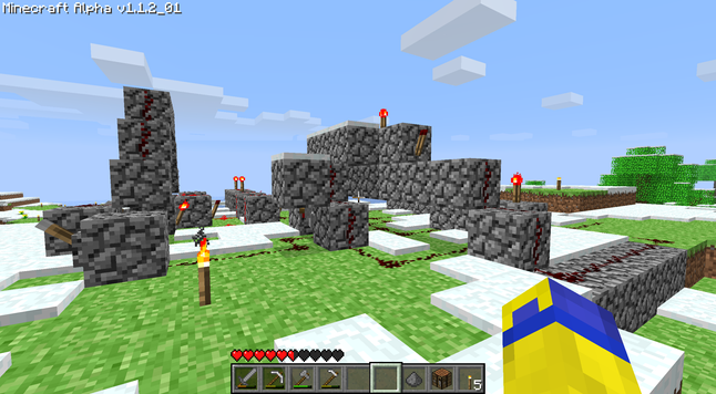 A screenshot of Minecraft Alpha v1.1.2_01.

A Redstone structure is prominently displayed, held up on cobblestone. Only Redstone Dust and Redstone Torches are used.