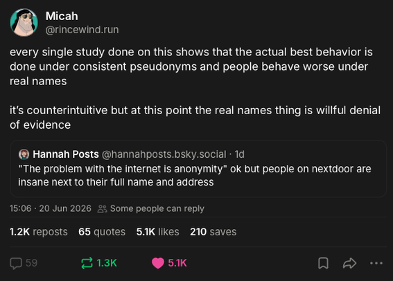 Hannah Posts ‪@hannahposts.bsky.social‬
"The problem with the internet is anonymity" ok but people on nextdoor are insane next to their full name and address

Micah ‪@rincewind.run‬
every single study done on this shows that the actual best behavior is done under consistent pseudonyms and people behave worse under real names
it’s counterintuitive but at this point the real names thing is willful denial of evidence