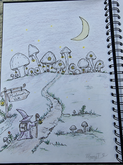 A sketch of mushrooms with windows and doors, to show they are little houses. Tiny lanterns hang off the mushrooms. A path leads up to the mushroom houses and a wizard is walking up the path with a lantern. A wooden sign saying ""Mushroom Vale" points to the village. A badly drawn crescent moon hangs low in the sky.