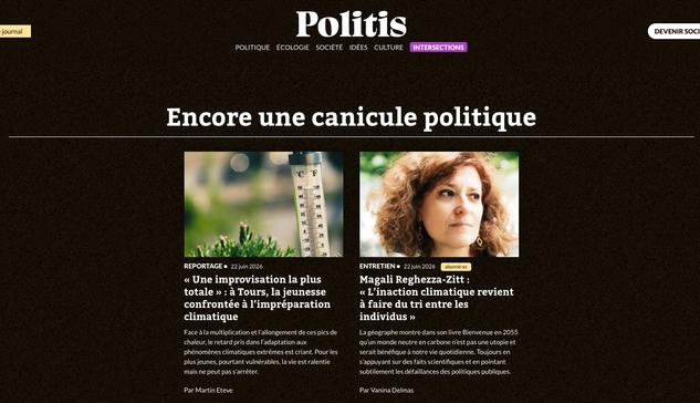 Une de Politis.fr : "Encore une canicule politique" avec deux articles, dont un reportage à Tours et un entretien avec Magali Reghezza-Zitt.