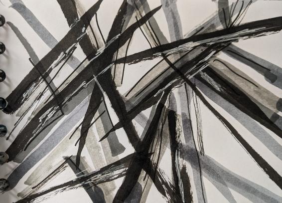Monochrome sharp lines and suggested shapes in random crystalline structure. Lots of layers.