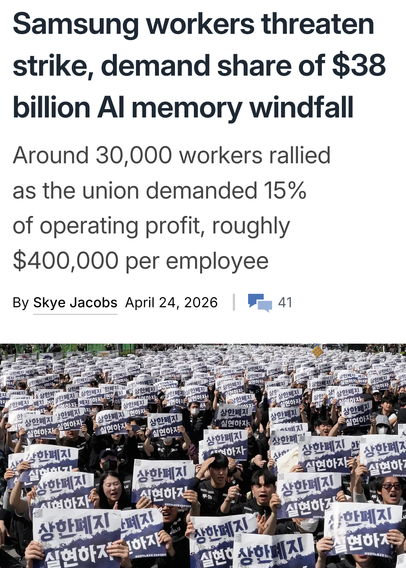 A screenshot of an article, it says: Samsung workers threaten strike, demand share of $38 billion AI memory windfall. Around 30,000 workers rallied as the union demanded 15% of operating profit, roughly $400,000 per employee