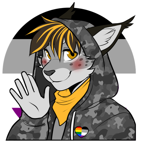 Ryan is an anthro Lynx with grey fur, dark spots, tufted ears and amber eyes.
He eyes are orange and he's sporting a black & orange hairstyle.
On the picture he is smiling shyly, blushing and waving at the viewer.
He's wearing a grey city camo hoodie with the hood up and an orange bandana.
A split rainbow & asexual heart-shaped pin is visible on his hoodie jacket.
The background is the asexual flag.