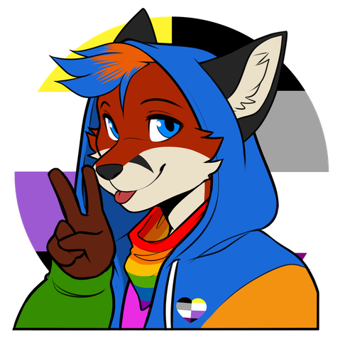 Maxie is an anthro red fox with a rusty-red right front paw and sparkling blue "baby" eyes. Their hairstyle chances often, in this pictures is electric blue and bright orange.
Maxie is grinning at the viewer with an adorable blep and giving a "peace" sign.
They are wearing a kid-core style hoodie and rainbow bandana.
On their hoodie jacket, there's a slip asexual & non-binary heart shaped pin. The background is also a split non-binary and asexual flag.