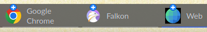 Taskbar showing icons for Google Chrome, Falkon, and Gnome's "Web" (better, but less officially, known as Epiphany) and the latter of the three doesn't have a transparent background so there's just this black box that the already-ugly icon is sitting inside of