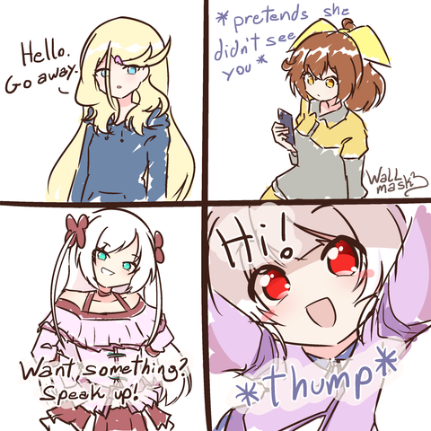 Art of 4 panels showing my original characters' reaction to seeing the viewer. In the top left panel, Kiri, a blonde girl with blue eyes, looks expressionless as she says "Hello. Go away". In the top right panel, Haruka, a girl with brown hair tied in high ponytail, and yellow eyes, looks at her phone as the text to her side says "*pretends she didn't see you*". In the bottom left, Hami, a girl with long white hair and teal eyes, has a sassy smile as she says "Want something? Speak up!". In the bottom right, Ayu, a girl with short white hair and red eyes, is very close and with her arms reaching towards the viewer, as she greets with a big smile, "Hi!", and a "*thump*" sound effect is written over her. Her face is shaded.