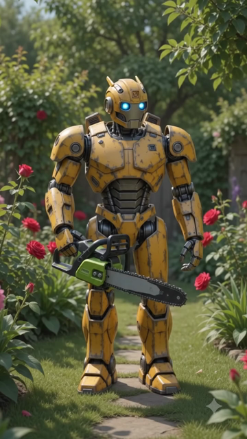 A fighting scene between a yellow robot and a paper tiger—a tiger entirely made of white paper—in a garden with red roses and green leaves, in broad daylight.