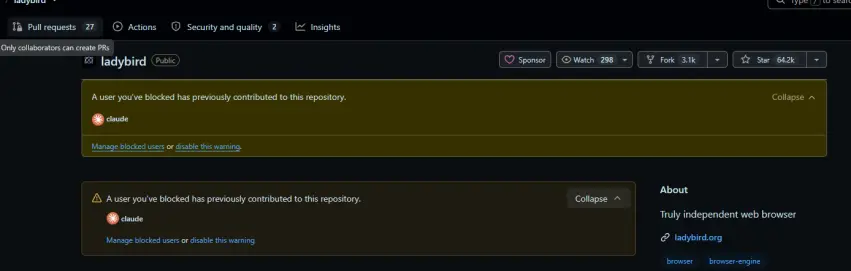 Partial screenshot of Ladybird repo, which showcases both restricted PRs and Claude contribtions warning by GitHub.