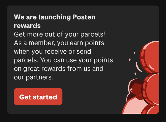 Skjermdump fra appen til Posten der det står at de lanserer et "reward program" hvor man kan tjene poeng på å sende og motta pakker.