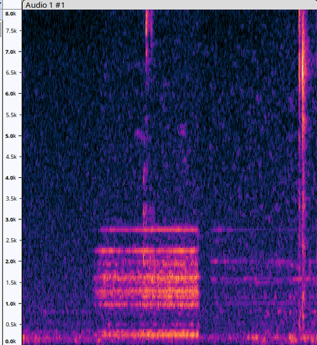 An audio spectrogram, the first sound has has much more noise than the second sound.