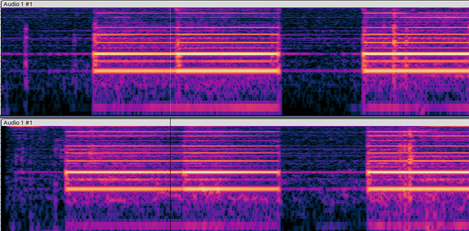 Two audio spectrograms, which look very similar. Each has 5 sections, one for each of the pickup settings on a guitar. It starts with the bridge humbucker.