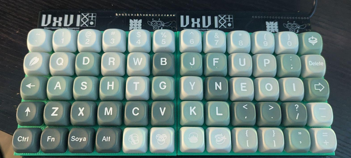 A Photo of my custom keyboard with all its keycaps rearranged in the workman layout