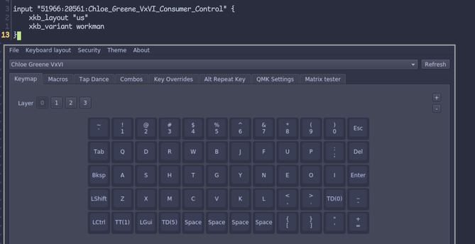 A Screenshot showing my VIAL and wayland config where I have moved over to workman