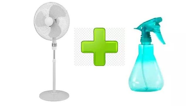 un ventilateur sur pied blanc 3 pales + un pulvérisateur 0.5l vert émeraude (faudra m'expliquer le concept des couleurs par un non-voyant)