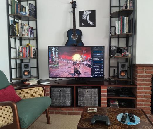 Photograph of a living room with a 43" display showing Elden Ring playing on Steam OS. Closer to the foreground is a coffee table with the new Steam Controller, some remotes, and a marginalia medieval cat coaster. Surrounding the display are 2 standing shelves with a misc of books, games, and random figurines. Behind the display is an acoustic guitar hanging from the wall. Next to the neck of the guitar is a custom poster for Kate Bush's Hounds of Love.